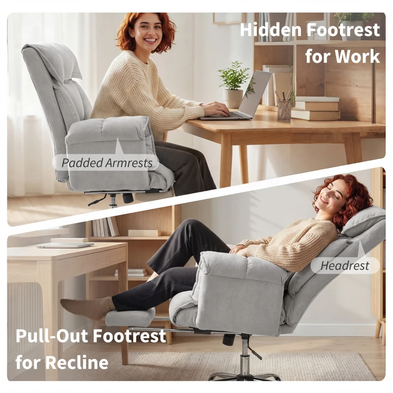 HOMCOM High Back Office Chair, Reclining Desk Chair with Footrest, High Resilience Foam, Rolling Wheels, Light Taupe Gray