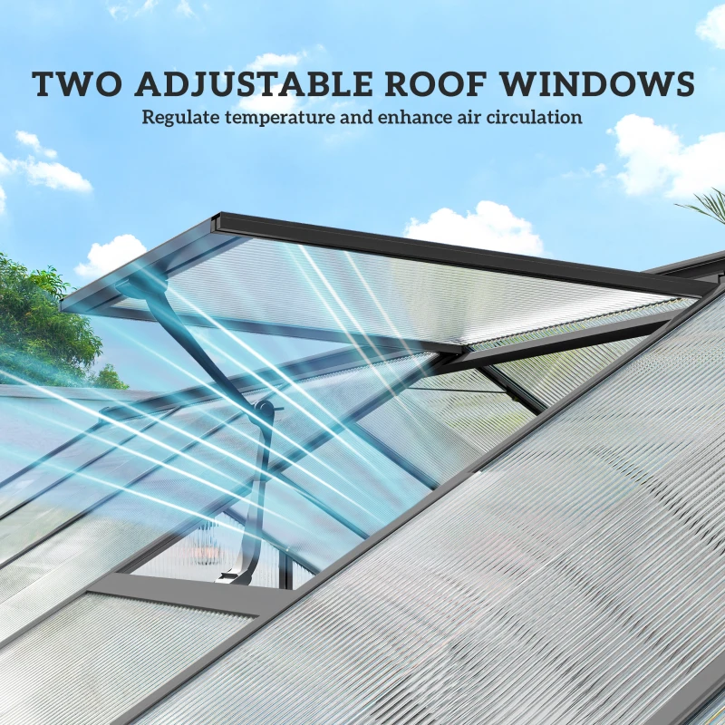 Outsunny Polycarbonate Greenhouse, Walk-in Green House with Two Top Windows, Rain Gutter and Swing Door, 8' x 16' x 7', Dark Grey