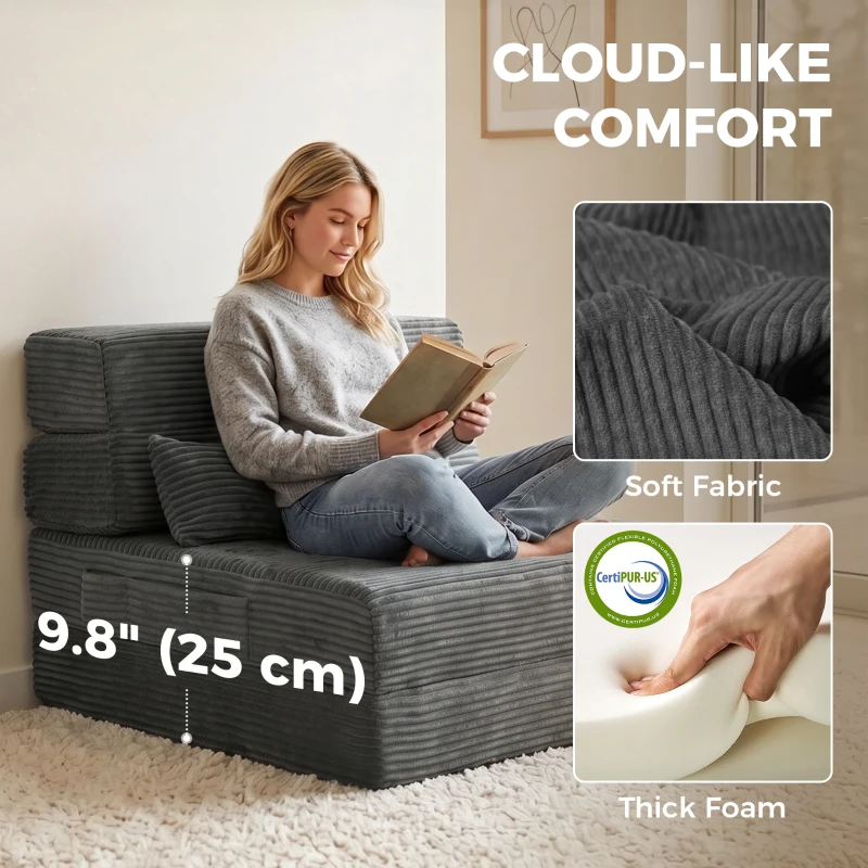 HOMCOM Floor Chair with Back Support Four-Fold Floor Gaming Chair Side Pockets Pillow Floor Seat Sofa Bed, Dark Grey