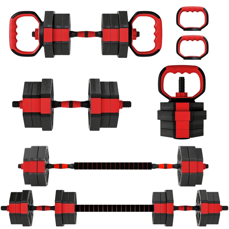 Soozier 6-in-1 Adjustable Dumbbell Set, Used as Kettlebell, Barbell, Dumbbell, Push-Up Stand, 44lbs Free Weights Set, Red