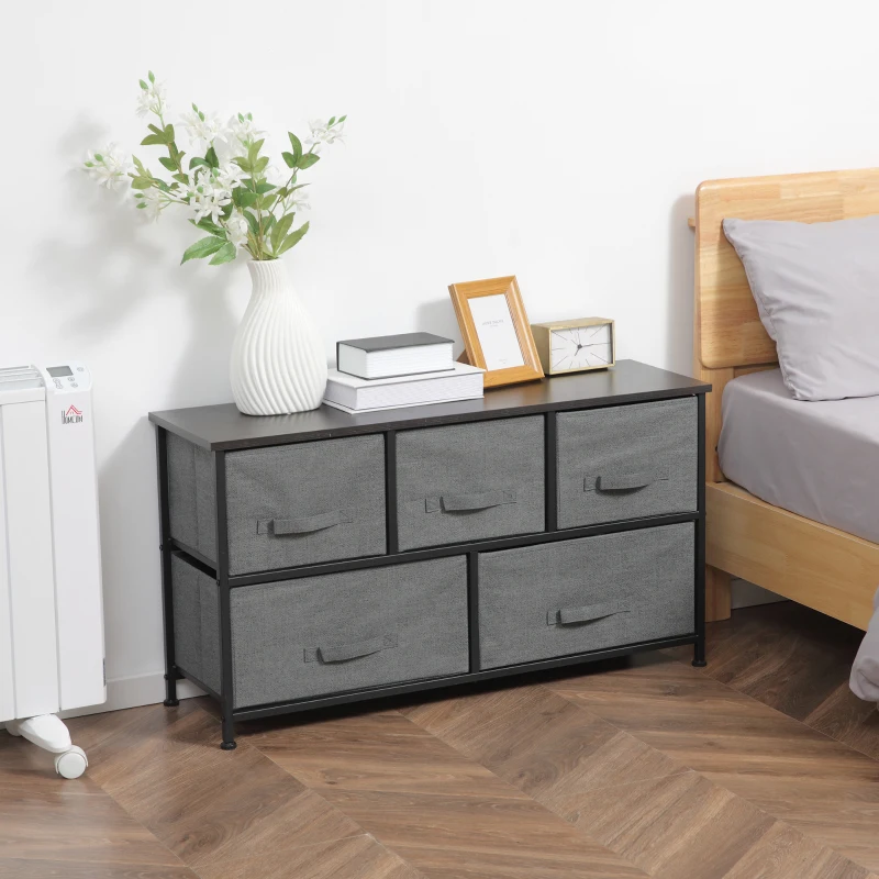 HOMCOM Linen Drawer Cabinet Organizer Storage Dresser Tower with 5 Removable Drawer Metal Frame Adjustable Feet for Living Room, Kitchen, Bathroom, Dark Grey
