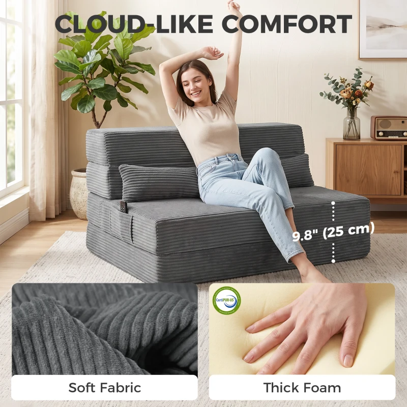 HOMCOM Floor Chair with Back Support Four-Fold Floor Gaming Chair Side Pockets Pillow Floor Seat Sofa Bed, Dark Grey