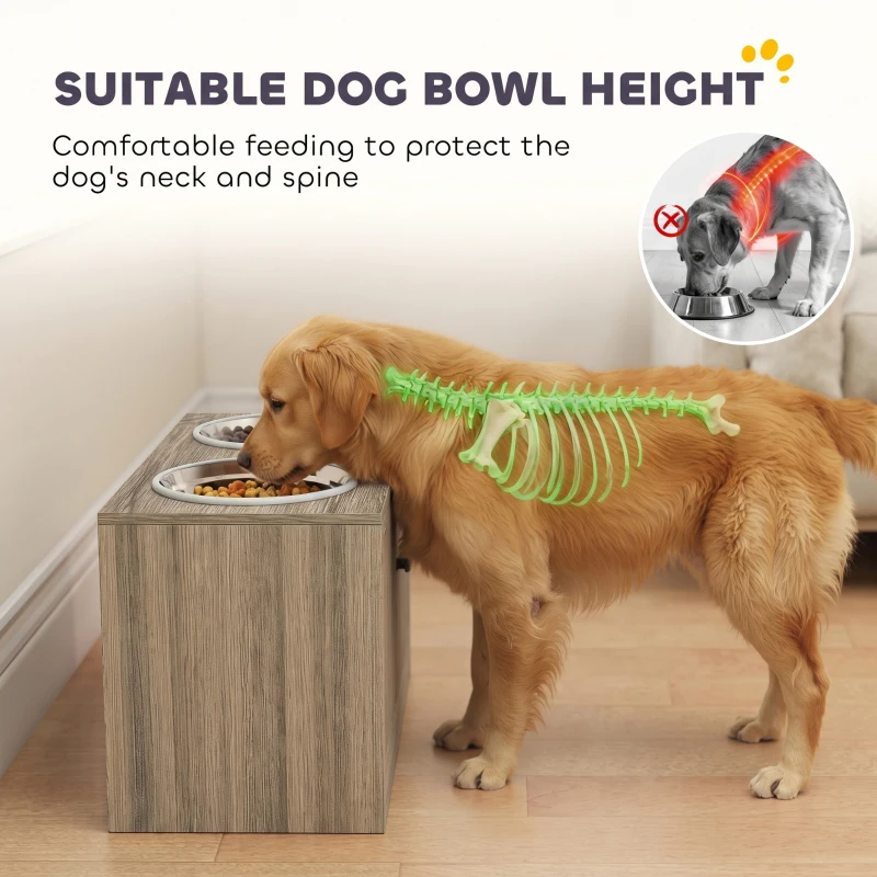 PawHut Elevated Dog Bowls with Storage Cabinet,  2 Stainless Steel Bowls, Slow Feeder, Dog Feeding Station for Large Dogs, Brown Wood Grain