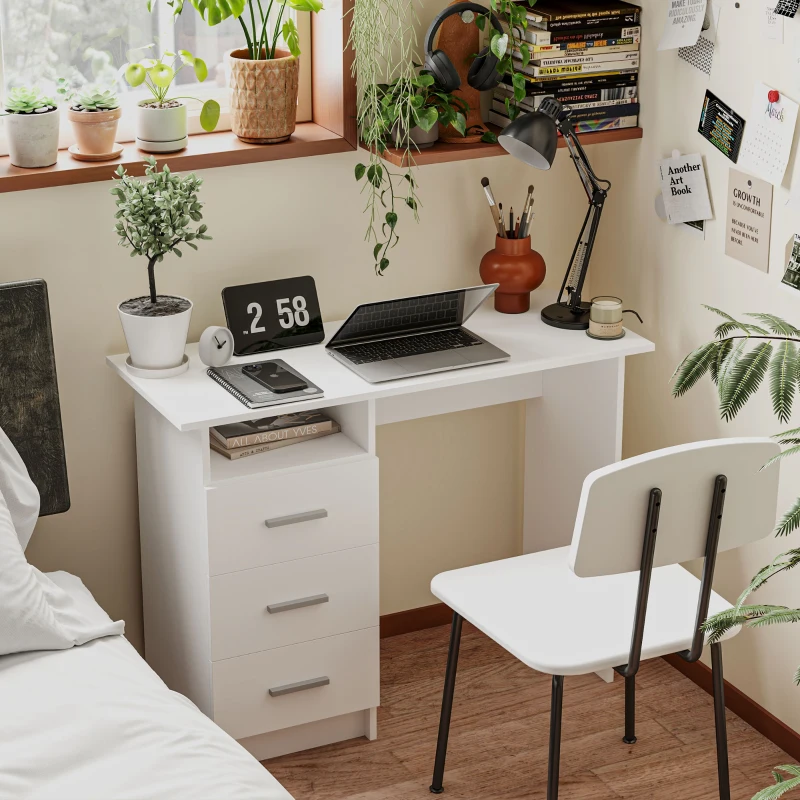 HOMCOM Computer Desk with Storage, 39" Home Office Desk with 3 Drawers nad Open Shelf, Writing Table for Bedroom, White