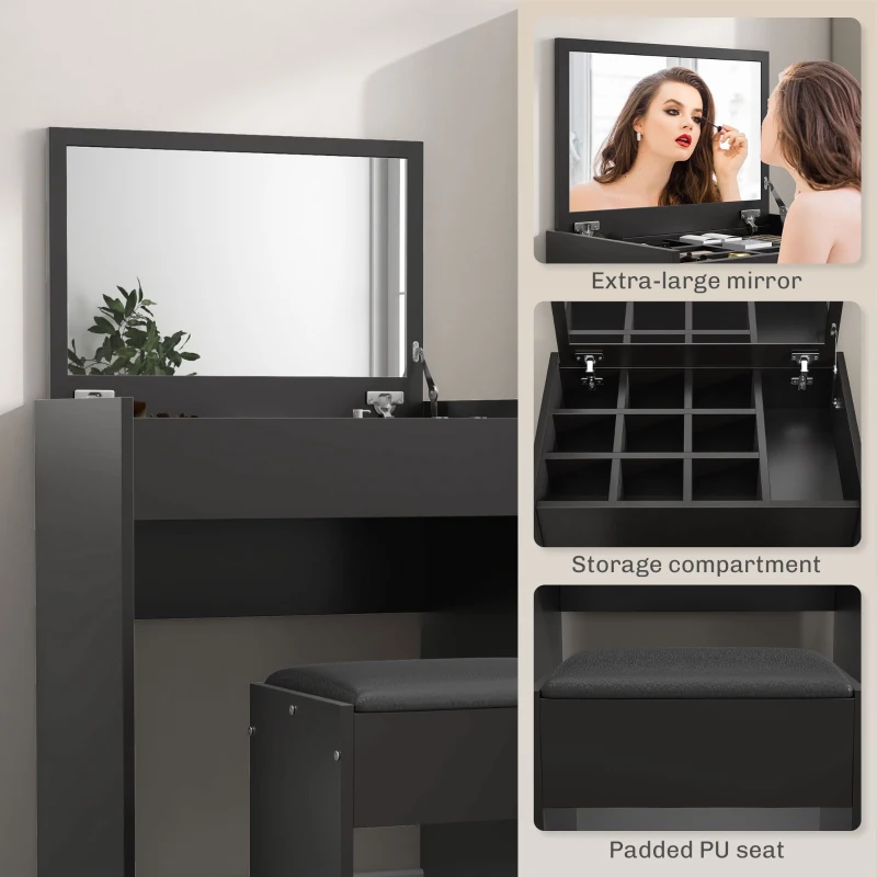 HOMCOM Modern Vanity Set with Makeup Table and Cushioned Stool, Dressing Table with Flip Top and Mirror for Bedroom, Black