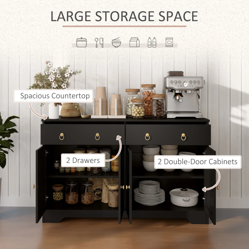 HOMCOM Sideboard Cabinet with 2 Drawers, 4 Barn Doors and 2 Adjustable Shelves, Buffet Table for Living Room, Black