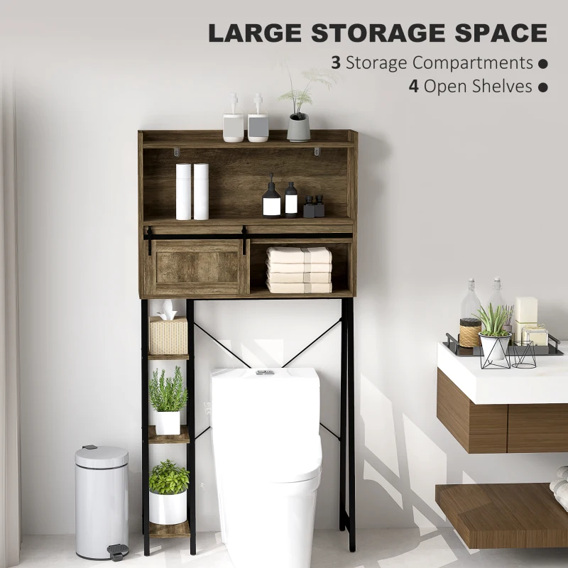 HOMCOM Over the Toilet Storage Cabinet, Over Toilet Bathroom Organizer with 3 Compartments, 4 Open Shelves, Distressed Brown