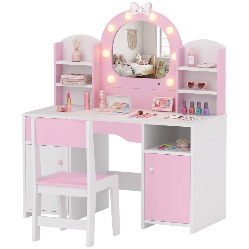 Qaba Kids Vanity Set, Toddler Dressing Table and Chair Set  with Lighted Bow Mirror, Cabinet, Drawer and Shelves, Pink