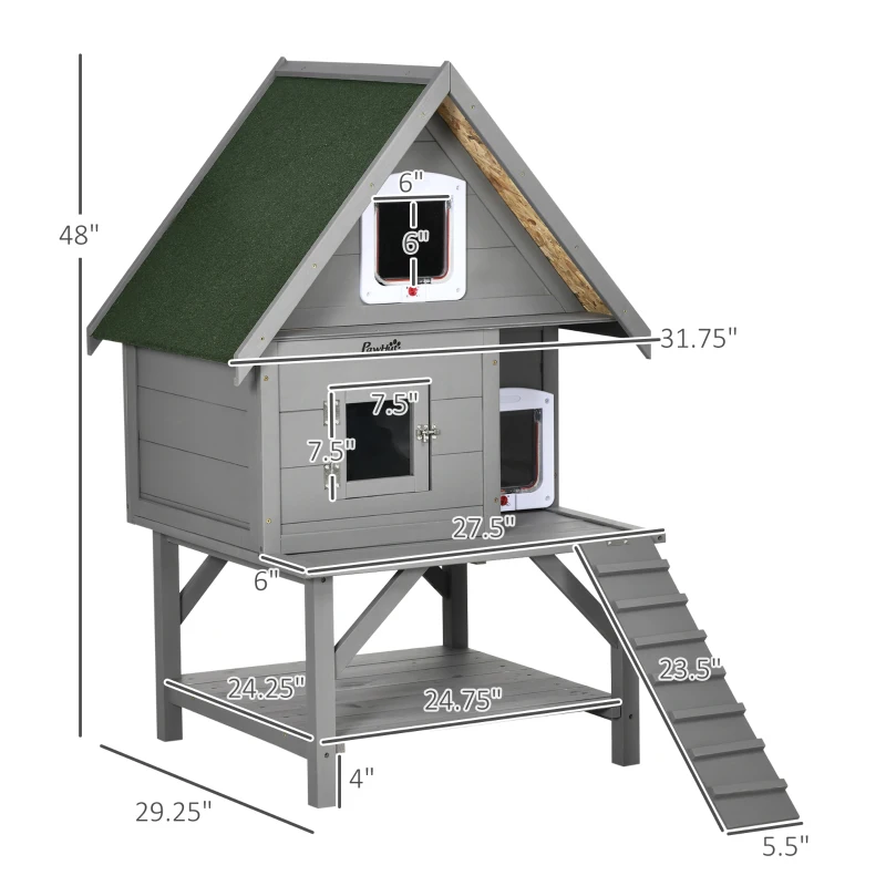 PawHut Wooden Cat House Outdoor with Escape Door, Weatherproof 3-Floor Cat Shelter for 1-2 Feral Cats with Asphalt Roof, Balcony, Stair, Gray