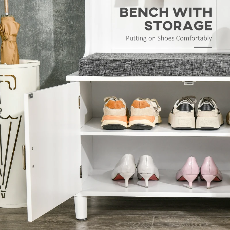 HOMCOM Hall Tree with Storage Bench, Entryway Bench with Coat Rack, Accent Coat Tree with Storage Shelves, White