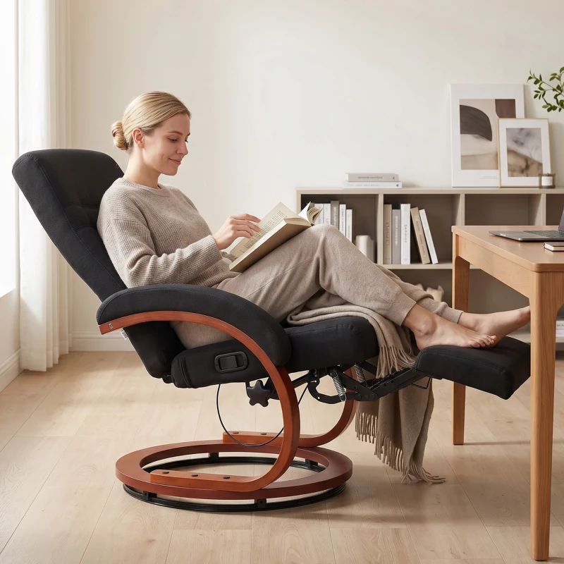 HOMCOM Manual Recliner Chair for Adults, Adjustable Swivel Recliner with Footrest, Padded Arms and Wood Base for Living Room, Black