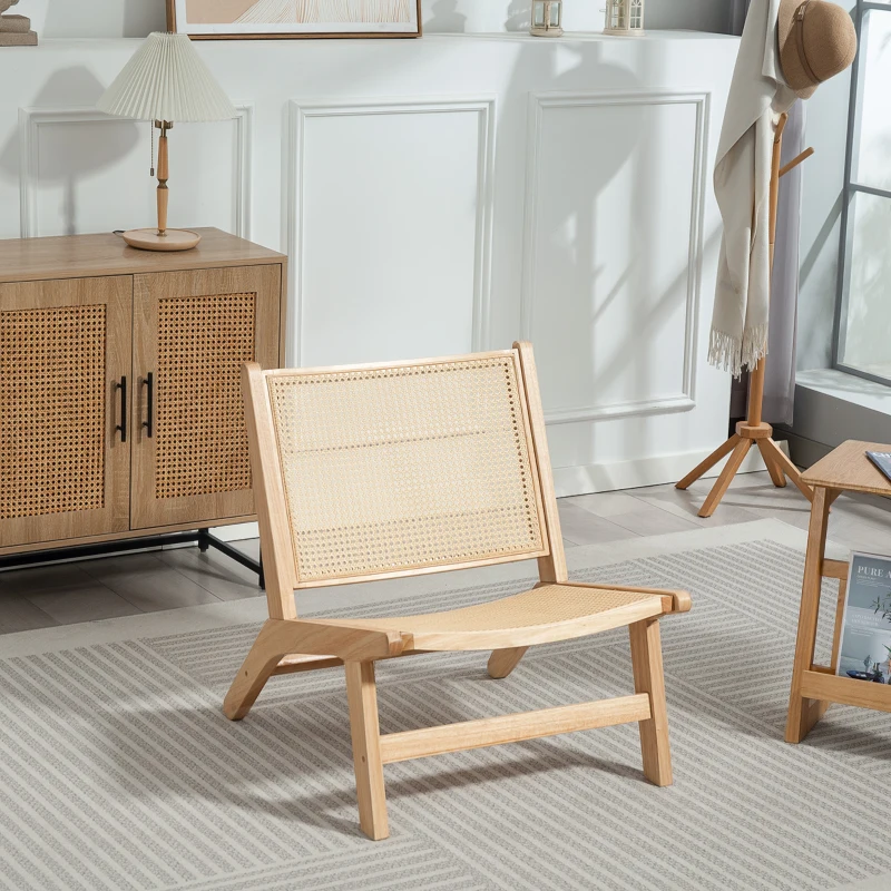 HOMCOM Rattan Accent Chair, Mid-Century Leisure Chair with Rubber Wood Frame, for Bedroom Living Room, Natural