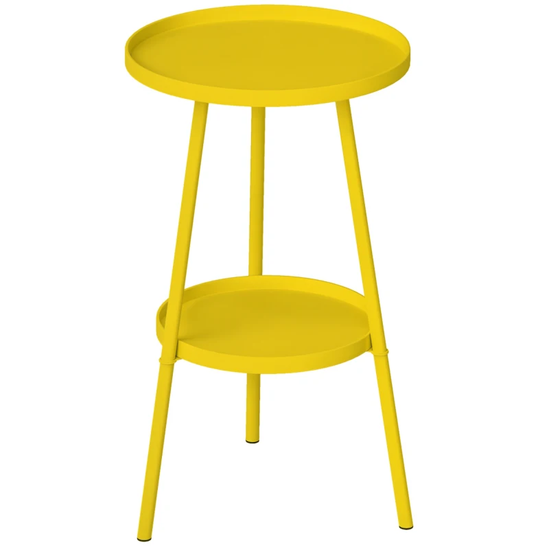 Outsunny Round Garden Table, 2-Tier Small Side Table, Metal Patio Table Coffee Table Dining Table, Yellow