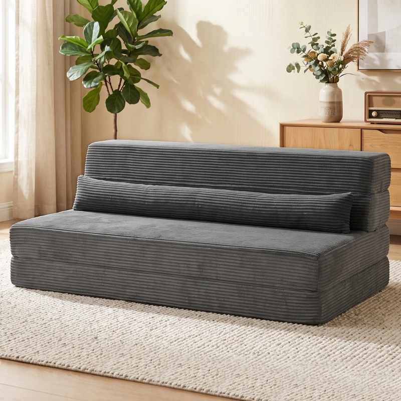 HOMCOM Floor Chair with Back Support Four-Fold Floor Gaming Chair Side Pockets Pillow Floor Seat Sofa Bed, Dark Grey