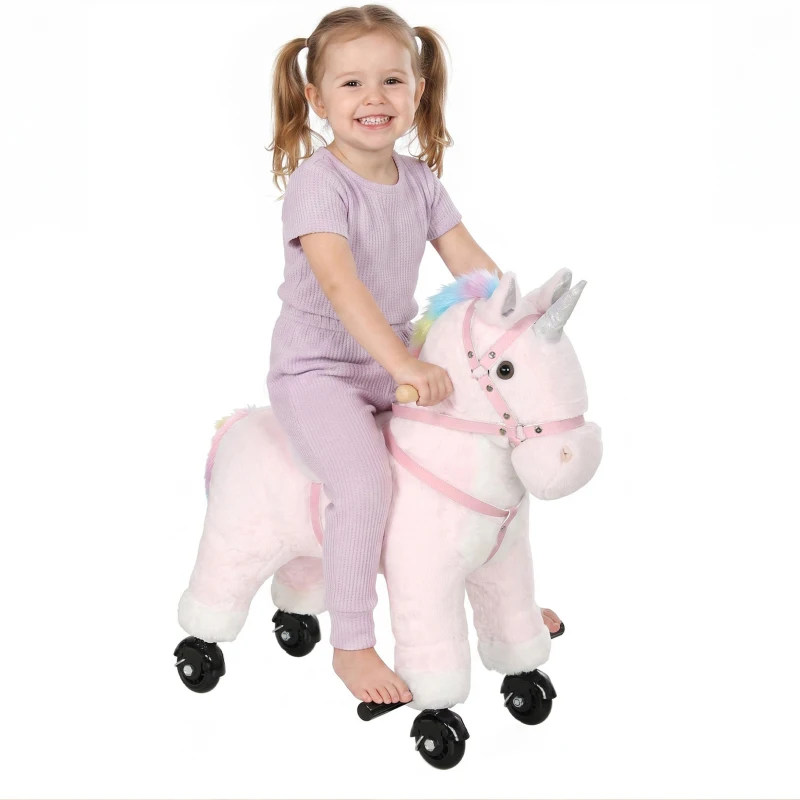 Qaba Unicorn Ride on Toy for Girls 2-5 Years, Ride On Unicorn with Wheels and Sounds for Active Play, Birthday Gift, Pink