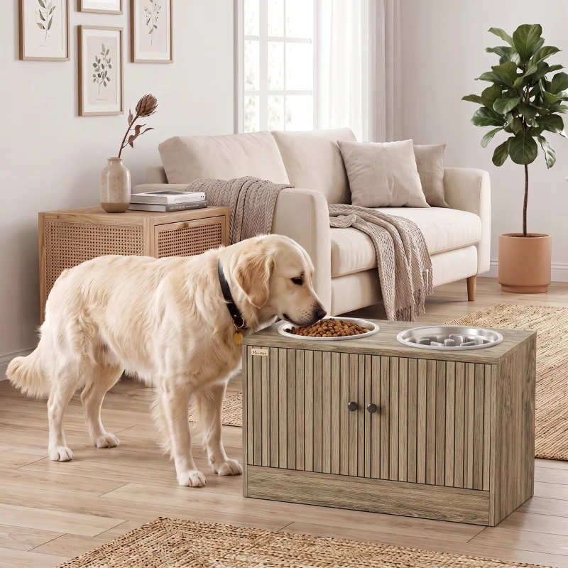 PawHut Elevated Dog Bowls with Storage Cabinet,  2 Stainless Steel Bowls, Slow Feeder, Dog Feeding Station for Large Dogs, Brown Wood Grain