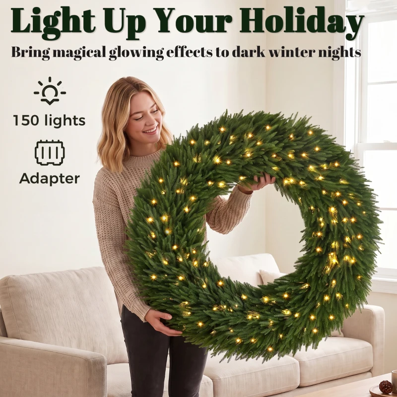 HOMCOM Christmas Decoration, 48 in Pre-Lit Norfolk Pine Artificial Christmas Wreath with 150 LED Lights, Green