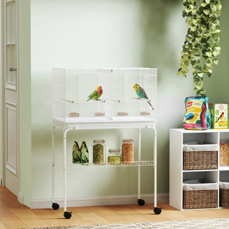 PawHut 46" H Bird Cage, Large Parakeet Cage for Budgie, Lovebird, Canary, Finches with Divider, White