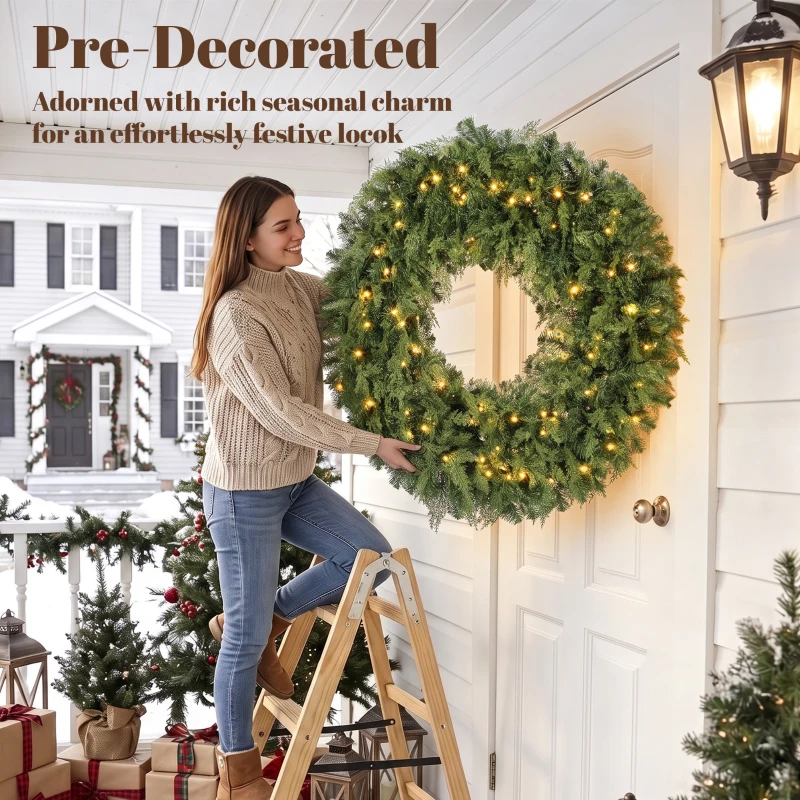 HOMCOM 48" Prelit Crestwood Spruce Artificial Christmas Wreath, Christmas Decor with Bow, LEDs, 8 Modes, Realistic Tips