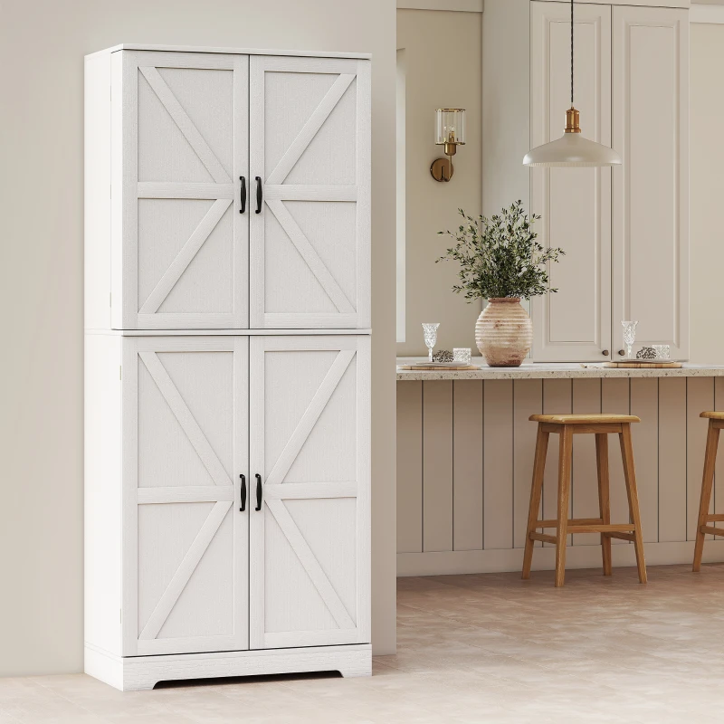 HOMCOM Farmhouse Kitchen Pantry, 72" Tall Pantry Cabinet with 4 Barn Doors, 4 Adjustable Shelves and 8 Door Shelves, White