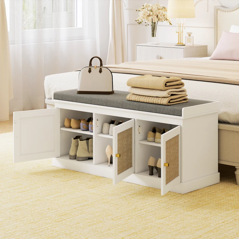 HOMCOM Shoe Storage Bench with Woven Rattan Doors, Shoe Bench with Cushion, Adjustable Shelves, Entryway Bench, White