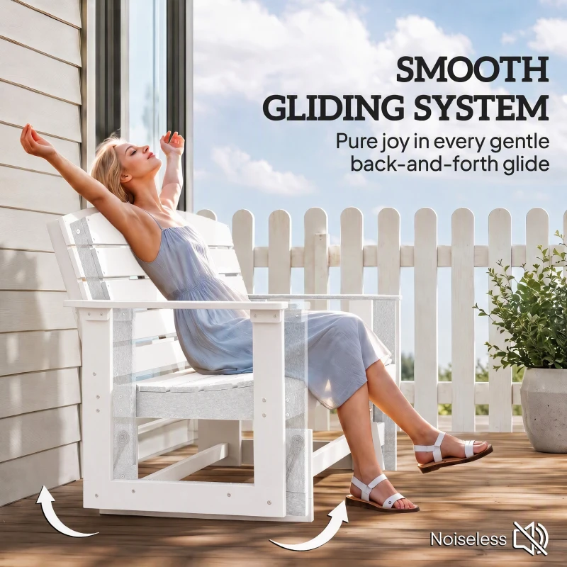 Outsunny Patio Glider Bench w/ HDPE Slatted Double Rocking Chair, White