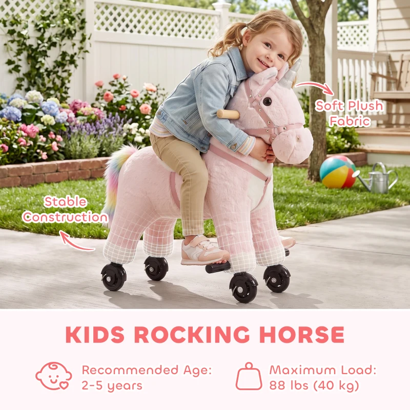 Qaba Unicorn Ride on Toy for Girls 2-5 Years, Ride On Unicorn with Wheels and Sounds for Active Play, Birthday Gift, Pink
