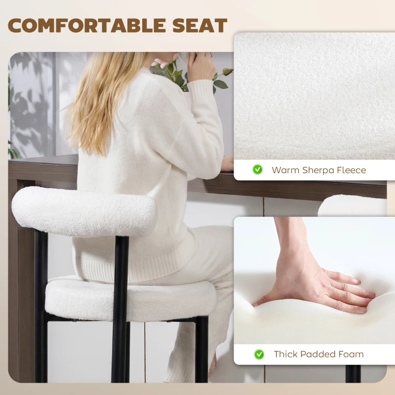 HOMCOM Bar Stools Set of 2, Sherpa Upholstered Barstools with Backrest, Bar Height Stools with Footrest for Kitchen Island
