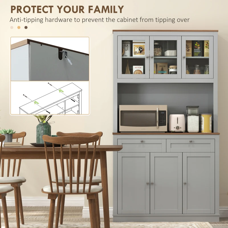 HOMCOM 71" Kitchen Pantry Cabinet with Microwave Stand, Kitchen Hutch with 2 Drawers and Adjustable Shelves, Gray(m-6)