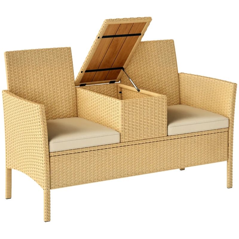 Outsunny Patio Sofa Wicker Loveseat with Built-in Flip-Top Coffee Table and Cushions for Balcony, Garden, Lawn, Backyard, Khaki