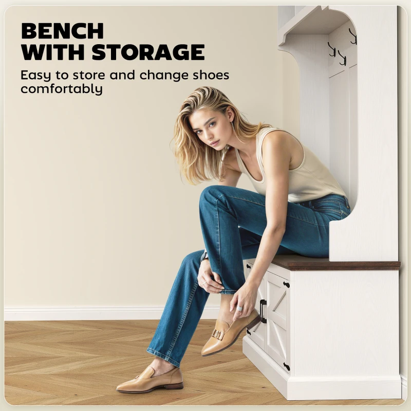 HOMCOM 3-in-1 Hall Tree with Shoe Storage, Coat Rack with Bench, Entryway Furniture with Five Hooks, White Wood Grain