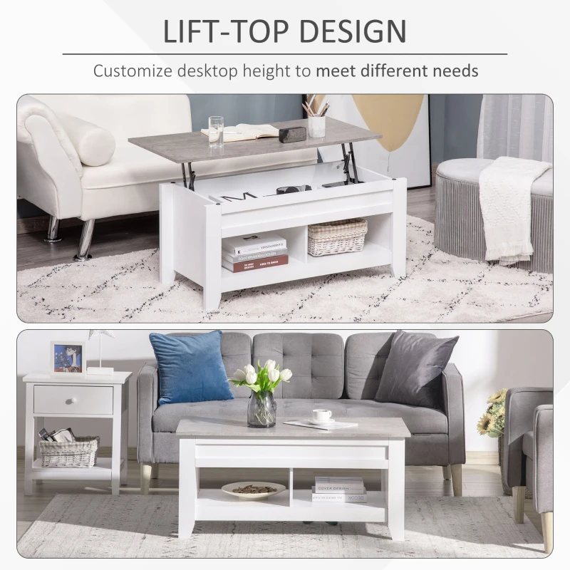 HOMCOM Lift Top Coffee Table with Hidden Storage Compartment and Open Shelves, Lift Tabletop Pop-Up Center Table for Living Room, White