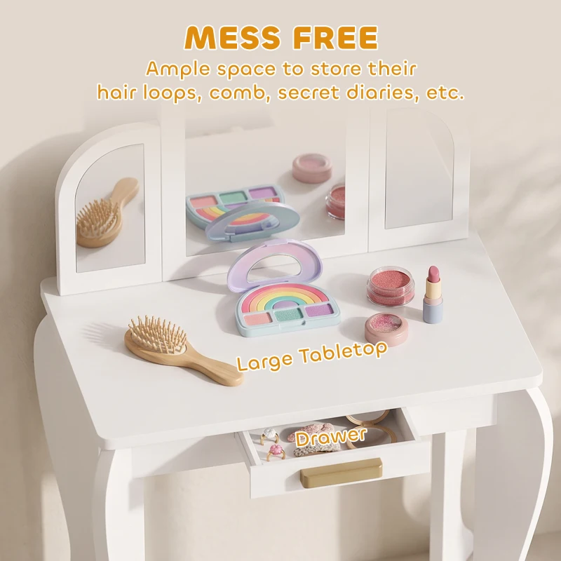 Qaba Kids Dressing Table and Chair Set, Girls Dressing Set, Makeup Desk with Drawer for 3-6 Years Old Kids, White