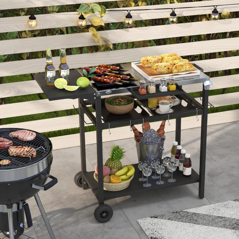 Outsunny 2-Tier Shelf Outdoor Bar Cart, Stainless Steel Tabletop Patio Serving Cart with Accessories for Poolside, Garden, Black