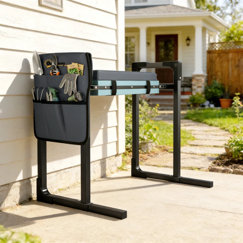 Outsunny Garden Kneeler and Seat, Heavy Duty Foldable Gardening Stool with Thicker Soft Kneeling Pad, Extendable Steel Leg
