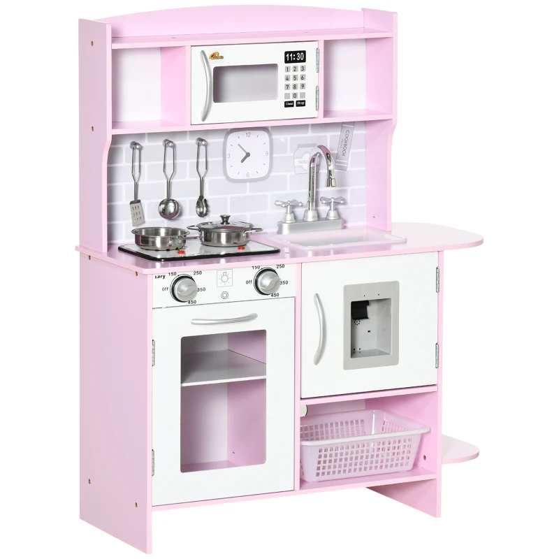 Qaba Pretend Play Kitchen with Sound Effects and Stove Lights, Kids Kitchen Playset with Storage, Water Dispenser Preschool & Kindergarten Gift for 3-6 Years Old, Pink