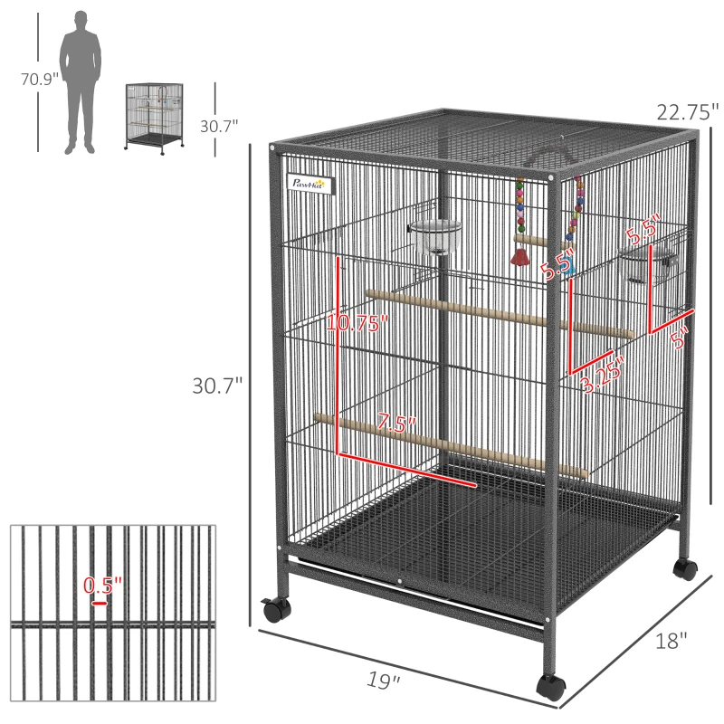 Pawhut Metal Bird Cage with Stand for Parrots, Lovebirds, Finches, Gray