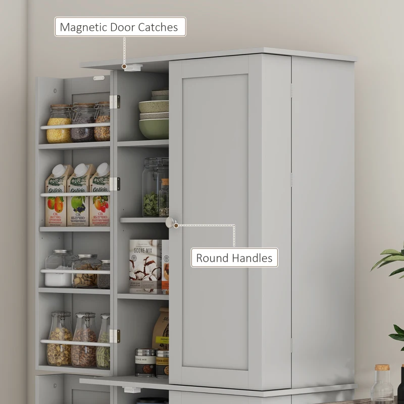 HOMCOM 65" Kitchen Cabinet, Kitchen Pantry Cabinet with 4 Doors and 16 Door Shelves for Dining Room, Grey