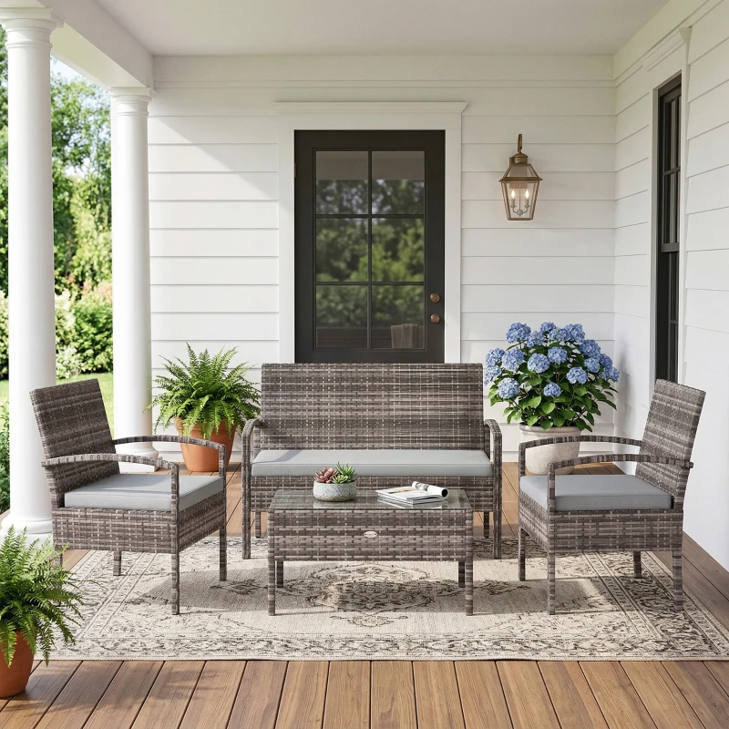 Outsunny 4 Pieces Patio Furniture Set with A Loveseat, Two Armchairs and A Coffee Table, Outdoor Conversation Set, Light Grey