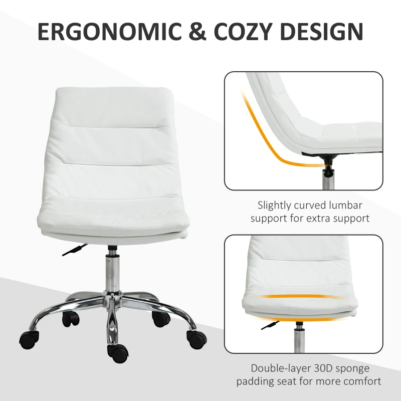 Vinsetto Armless Office Chair Ergonomic Computer Desk Chair Mid-Back Upholstered Task Chair with PU Leather, Adjustable Height and Swivel Seat, White