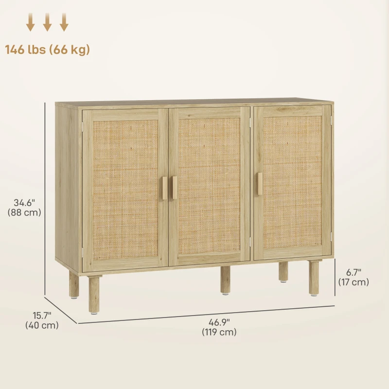 HOMCOM Bohemian Sideboard, 46.9" Buffet Cabinet with 3 Rattan Doors and Shelves for Living Room, Hallway, Oak