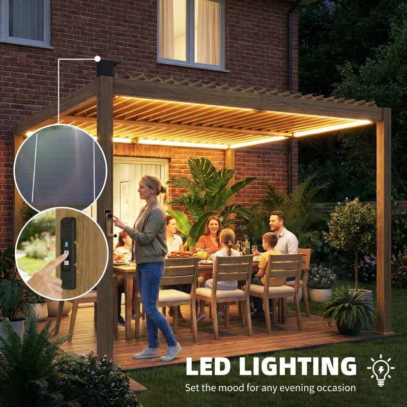 Outsunny 10' x 10' Louvered Pergola with Solar LED lights, Metal Roof, Outdoor Pergola Patio Gazebo with Drainage Gutters, Brown