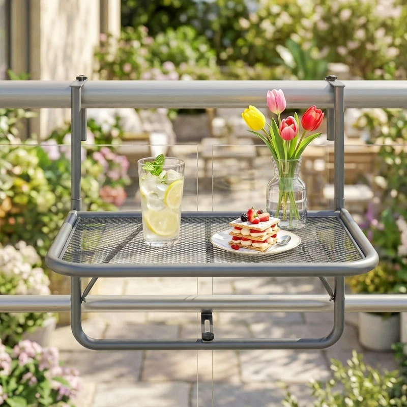 Outsunny Adjustable Balcony Hanging Railing Table, Metal Mounting Mini Wall Desk Storage Rack, Outdoor Flower Stand Serving Table Rectangle, Grey