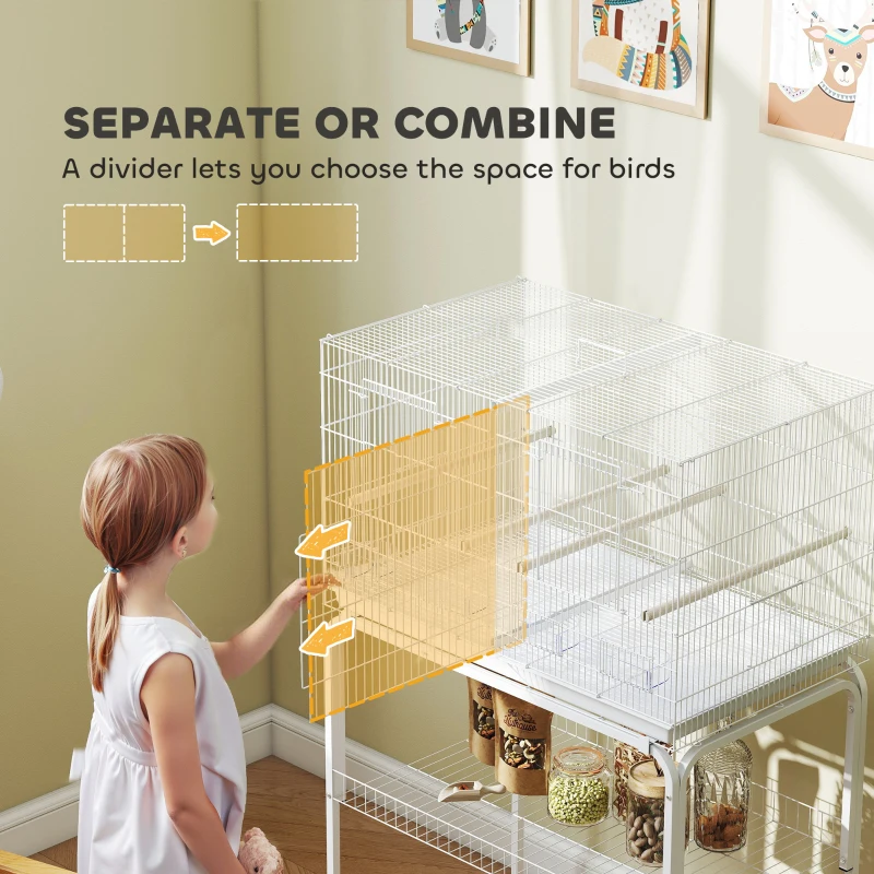 PawHut 46" H Bird Cage, Large Parakeet Cage for Budgie, Lovebird, Canary, Finches with Divider, White