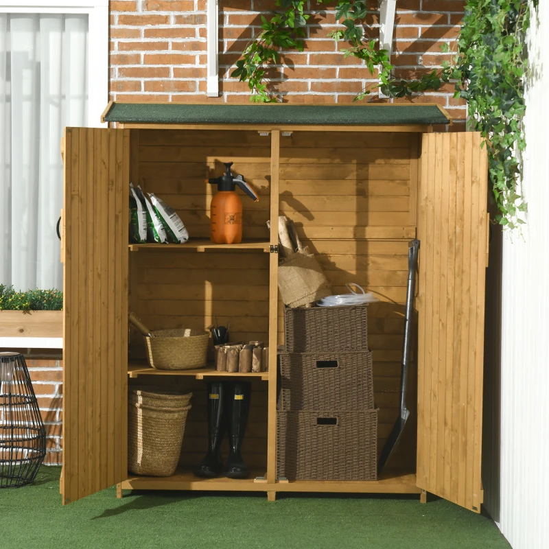 Outsunny Outdoor Storage Cabinet Wooden Garden Shed Utility Tool Organizer with Waterproof Asphalt Rood, Lockable Doors, Natural