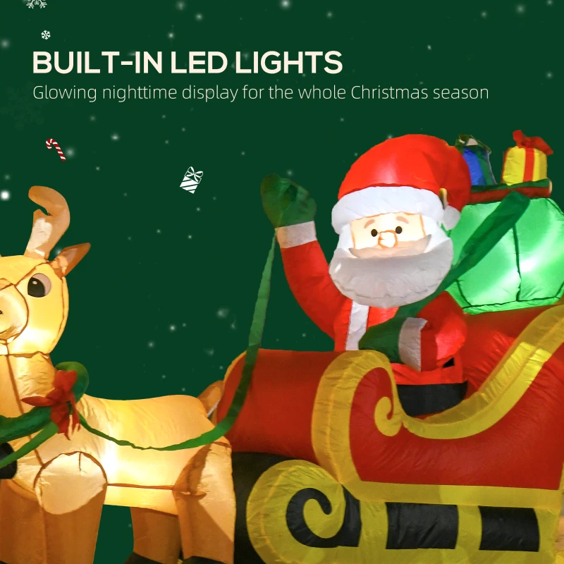 HOMCOM 8ft Christmas Inflatables Santa Claus with Sleigh and Reindeer, Outdoor Decoration with LED Lights Display