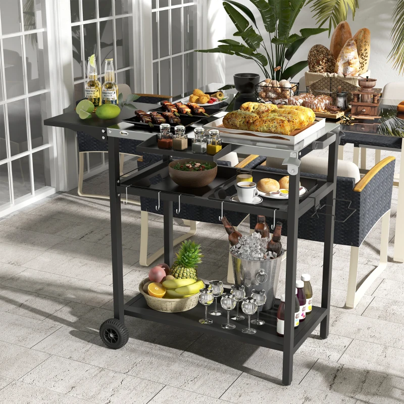 Outsunny 2-Tier Shelf Outdoor Bar Cart, Stainless Steel Tabletop Patio Serving Cart with Accessories for Poolside, Garden, Black