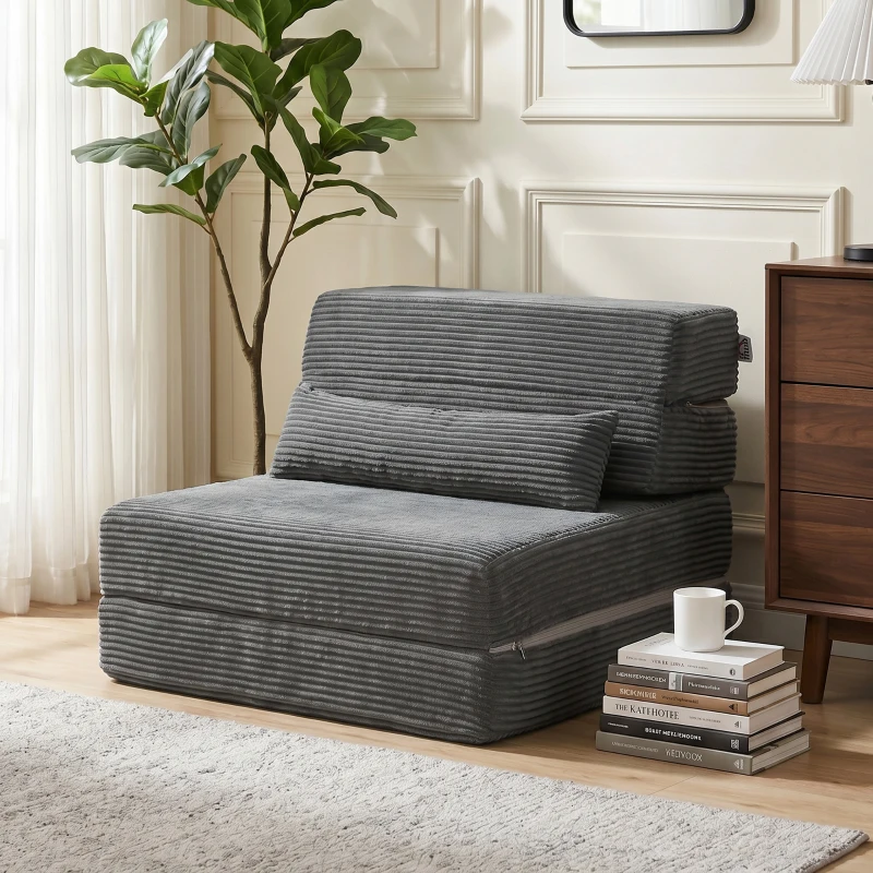 HOMCOM Floor Chair with Back Support Four-Fold Floor Gaming Chair Side Pockets Pillow Floor Seat Sofa Bed, Dark Grey