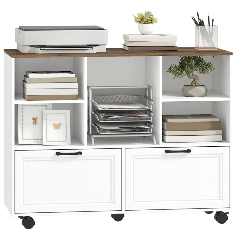 HOMCOM Lateral Mobile Filing Cabinet, 2 Drawer File Cabinet with Wheels, Adjustable Hanging Bars, Walnut and White