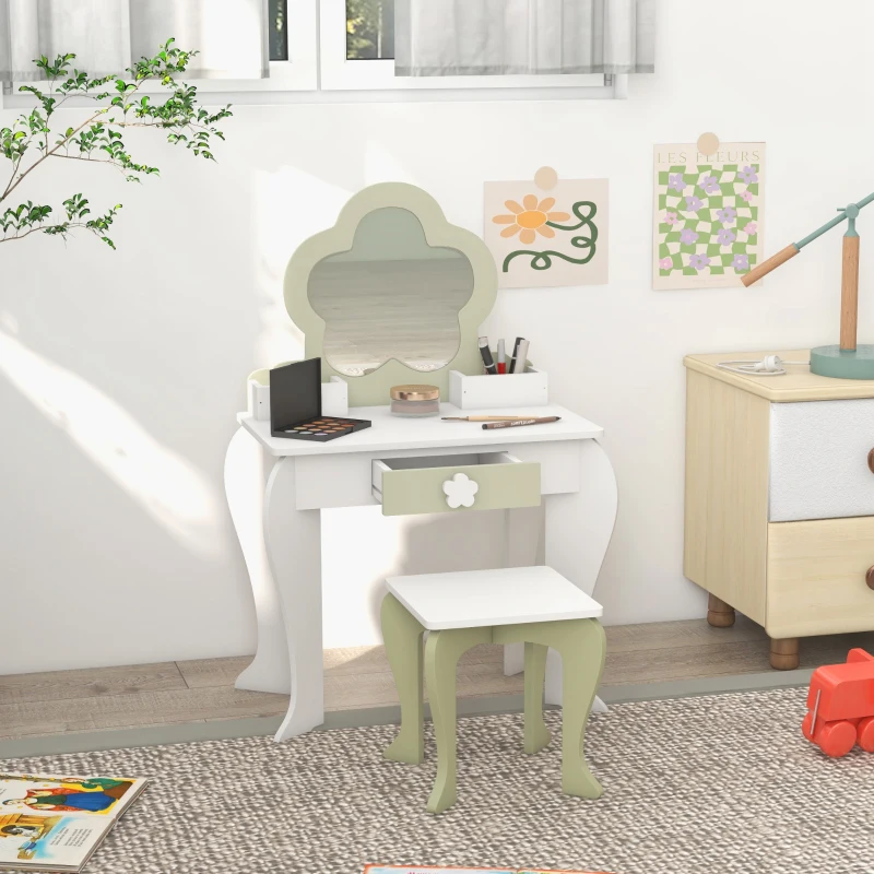 Qaba Kids Makeup Vanity Set with Stool, Mirror, Drawer, Storage Boxes, White